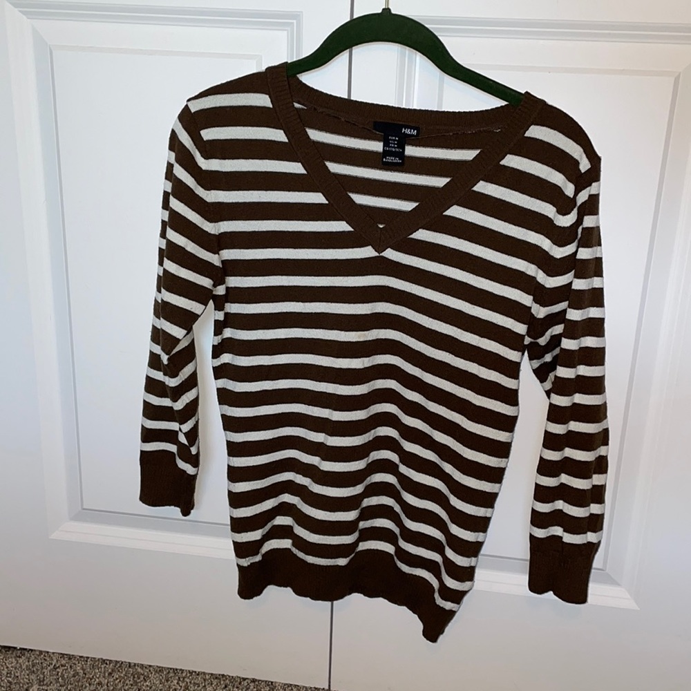 M Brown and White Striped H&M Sweater